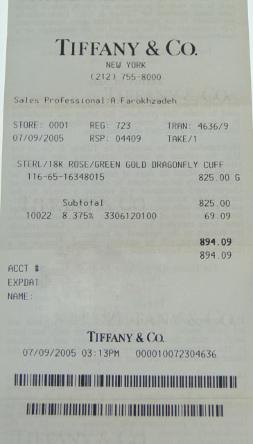 tiffany bracelet receipt